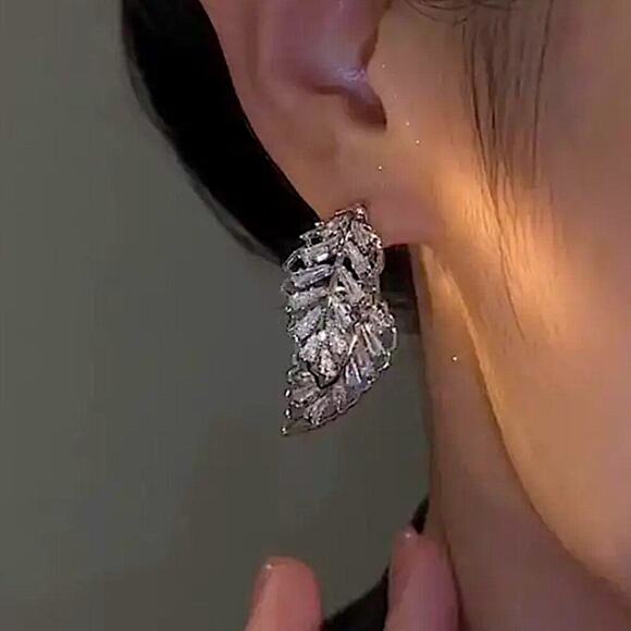 Double Edge Side Zircon Earrings, Feather Dangle Wedding Anniversary B… - Picture 2 of 5